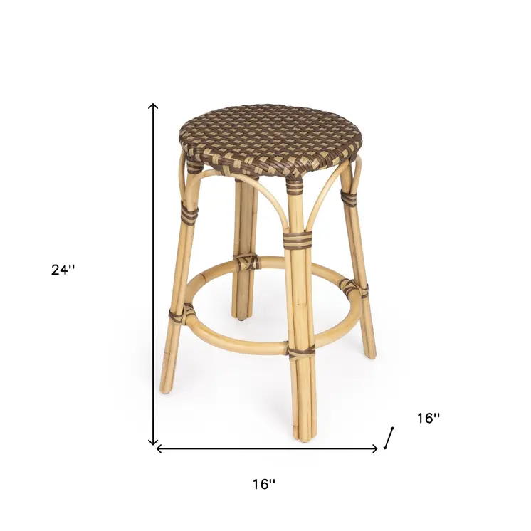 24" Natural and Brown Rattan Backless Counter Height Bar Chair