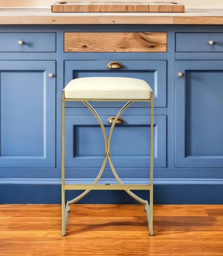 24" Off White and Gold Faux Leather and Iron Backless Counter Height Bar Chair