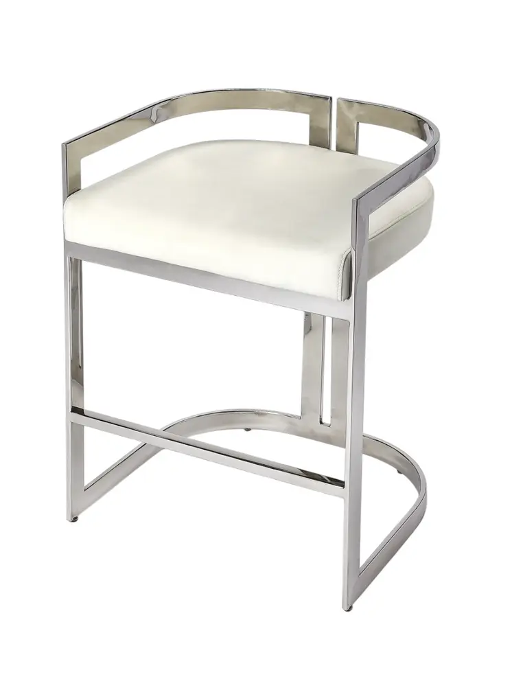 28" White and Silver Stainless Steel and Iron Low Back Counter Height Bar Chair