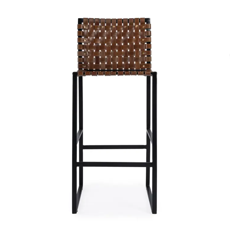 28" Brown and Black Leather and Iron Bar Chair