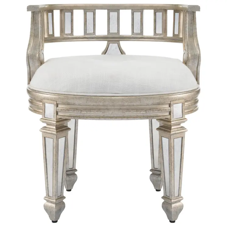 21" Cream Linen And Silver Metallic Round Ottoman