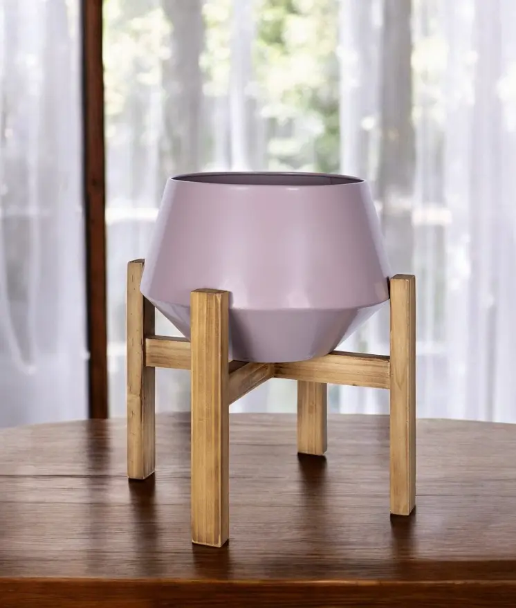 Pink Hexagonal Planter With Wooden Base