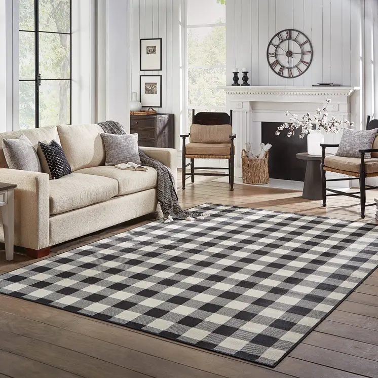 8' X 11' Black and Ivory Indoor Outdoor Area Rug