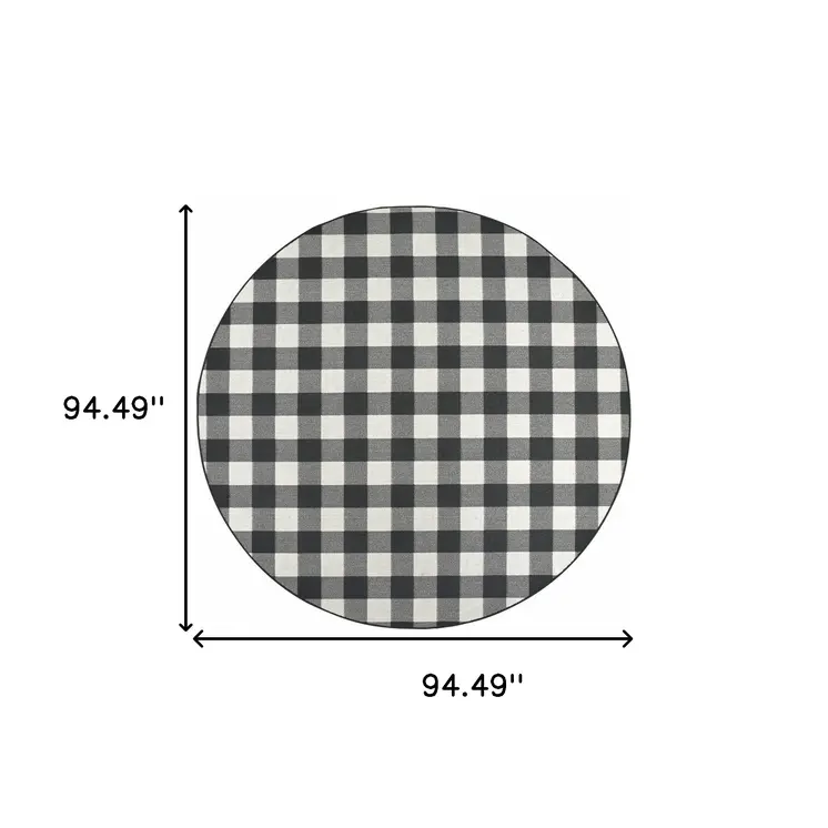 8' X 8' Black And Ivory Round Indoor Outdoor Area Rug