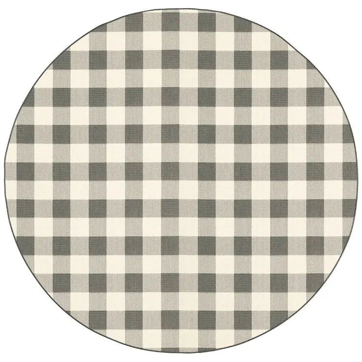 8' Gray And Ivory Round Gingham Indoor Outdoor Area Rug
