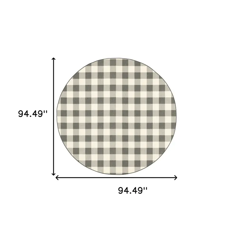 8' Gray And Ivory Round Gingham Indoor Outdoor Area Rug