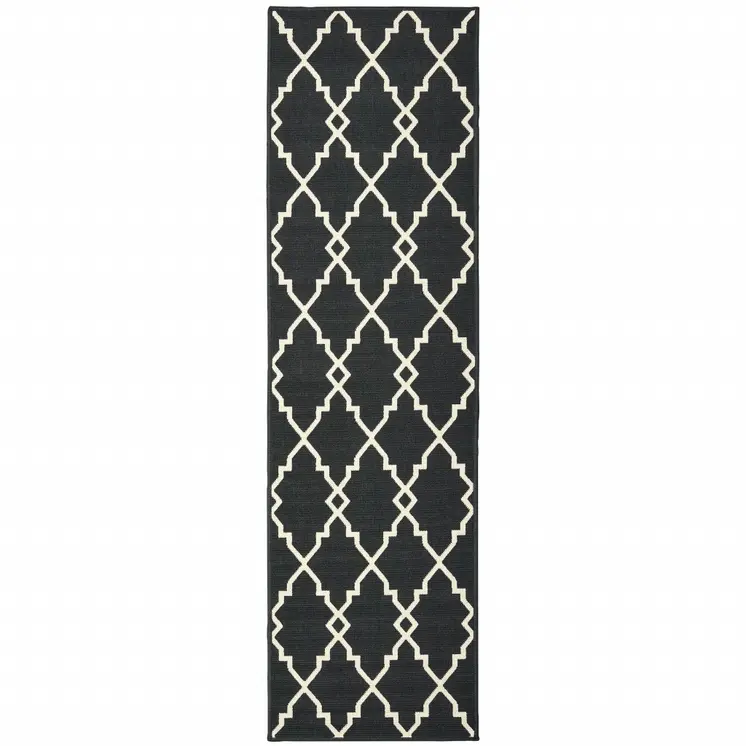 8' Black And Ivory Indoor Outdoor Runner Rug