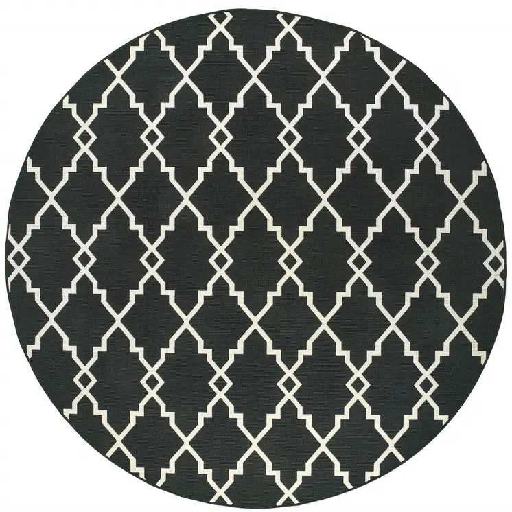 8' X 8' Black And Ivory Round Indoor Outdoor Area Rug