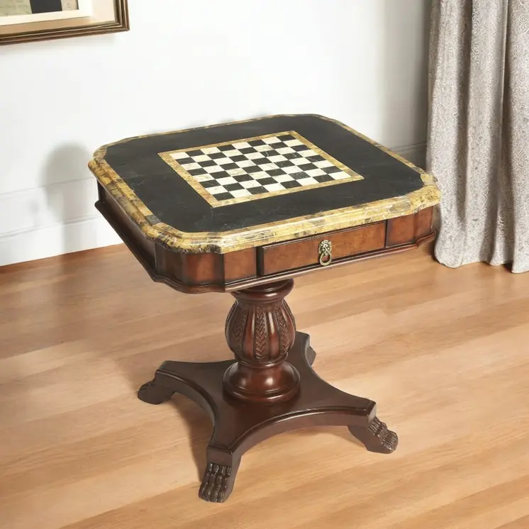 30" Brown Stone And Wood Square Game Table