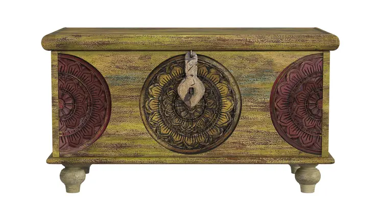 33" Brown and Green Wood Distressed Coffee Table