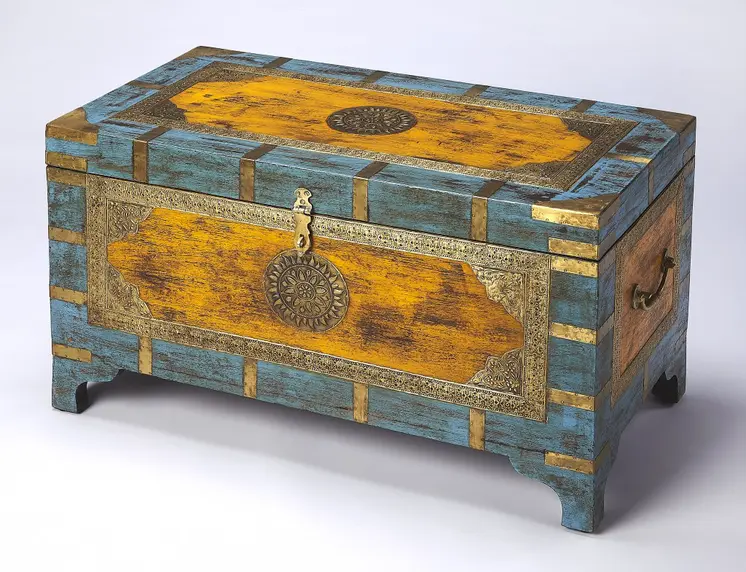 32" Brown and Blue Solid Wood and Wood Coffee Table