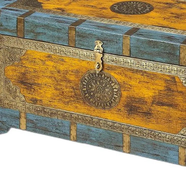 32" Brown and Blue Solid Wood and Wood Coffee Table