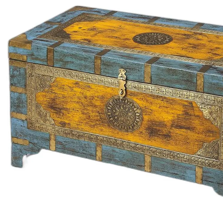 32" Brown and Blue Solid Wood and Wood Coffee Table