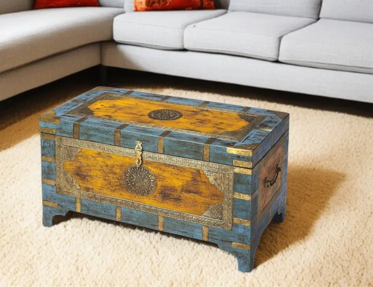 32" Brown and Blue Solid Wood and Wood Coffee Table