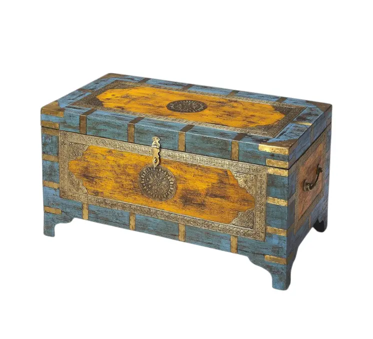 32" Brown and Blue Solid Wood and Wood Coffee Table
