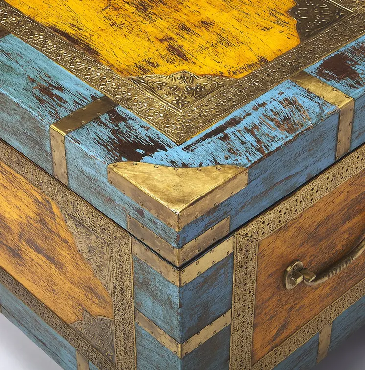 32" Brown and Blue Solid Wood and Wood Coffee Table