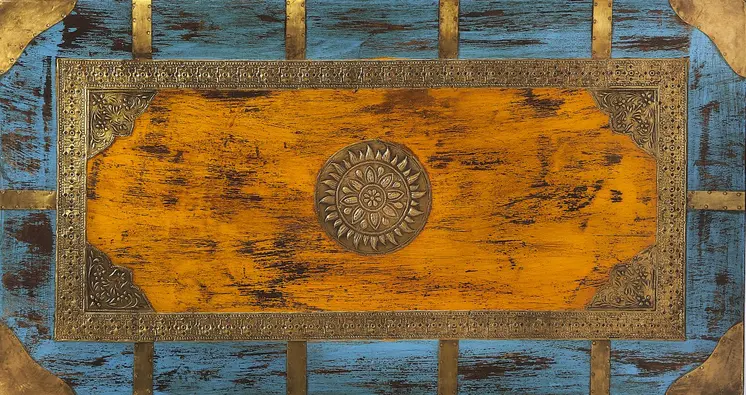 32" Brown and Blue Solid Wood and Wood Coffee Table
