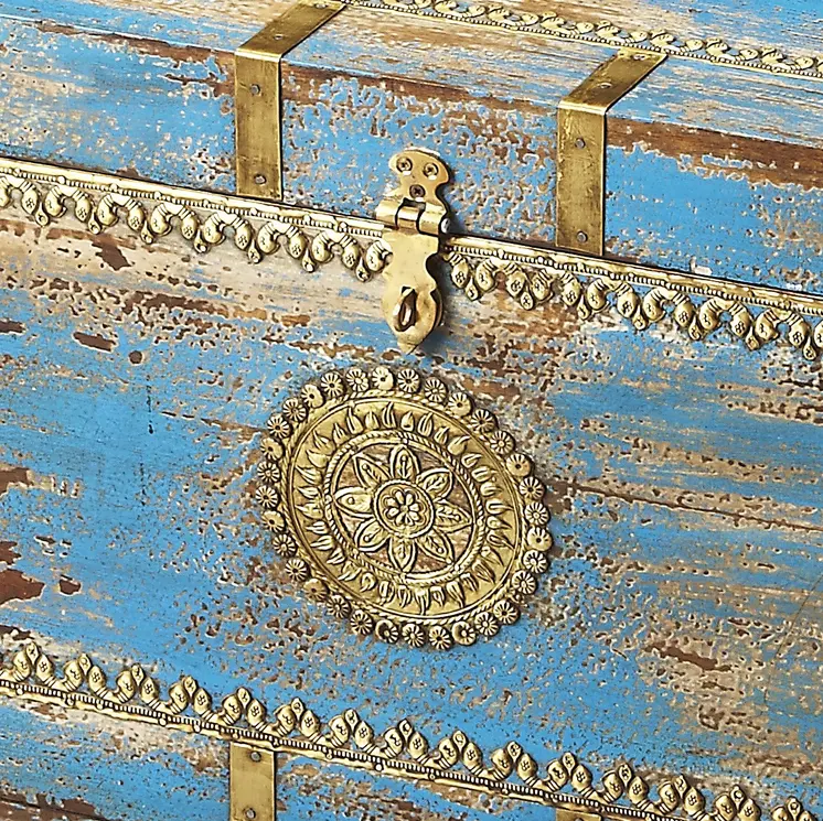 32" Brown and Blue Wood Distressed Coffee Table