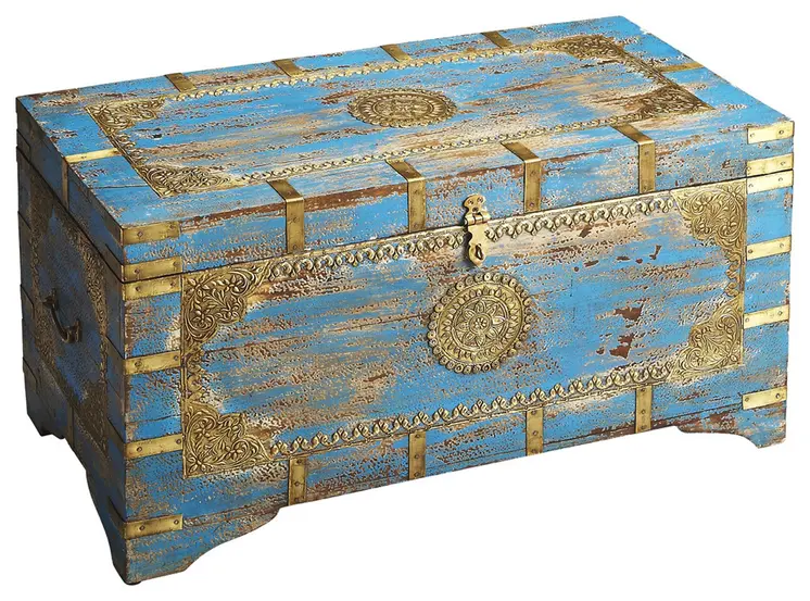 32" Brown and Blue Wood Distressed Coffee Table