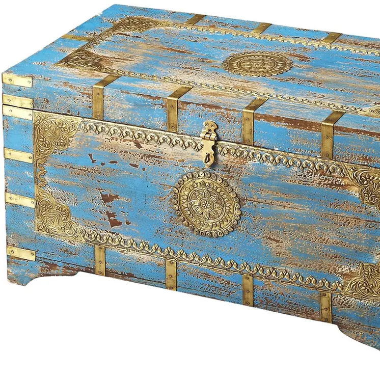 32" Brown and Blue Wood Distressed Coffee Table