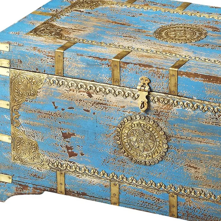 32" Brown and Blue Wood Distressed Coffee Table