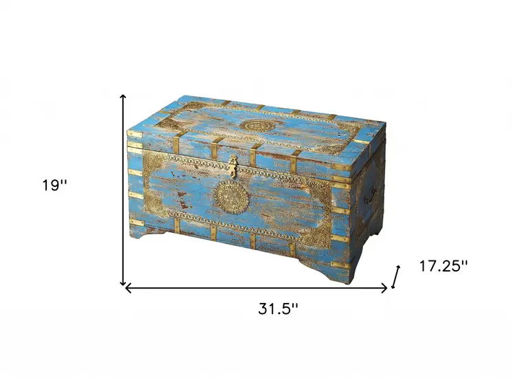 32" Brown and Blue Wood Distressed Coffee Table