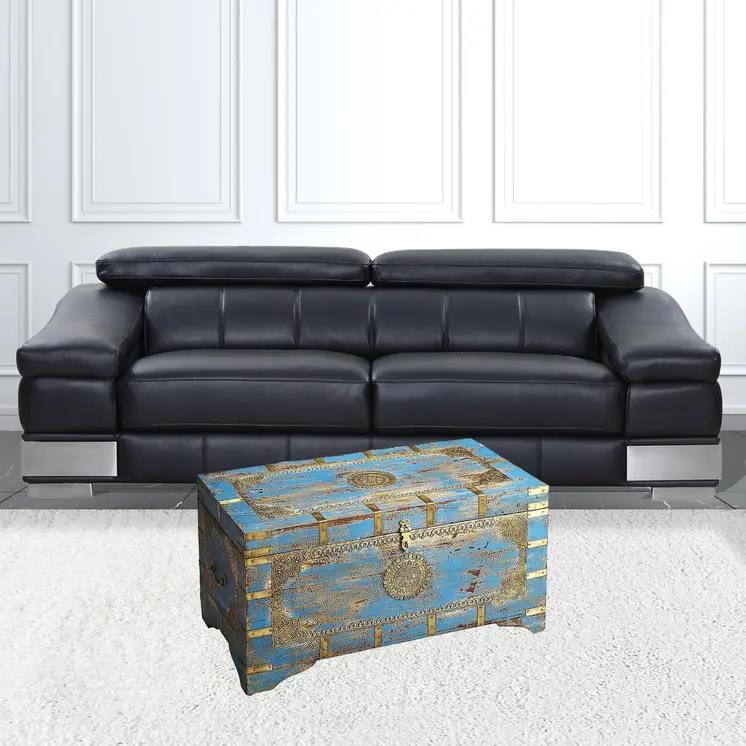 32" Brown and Blue Wood Distressed Coffee Table