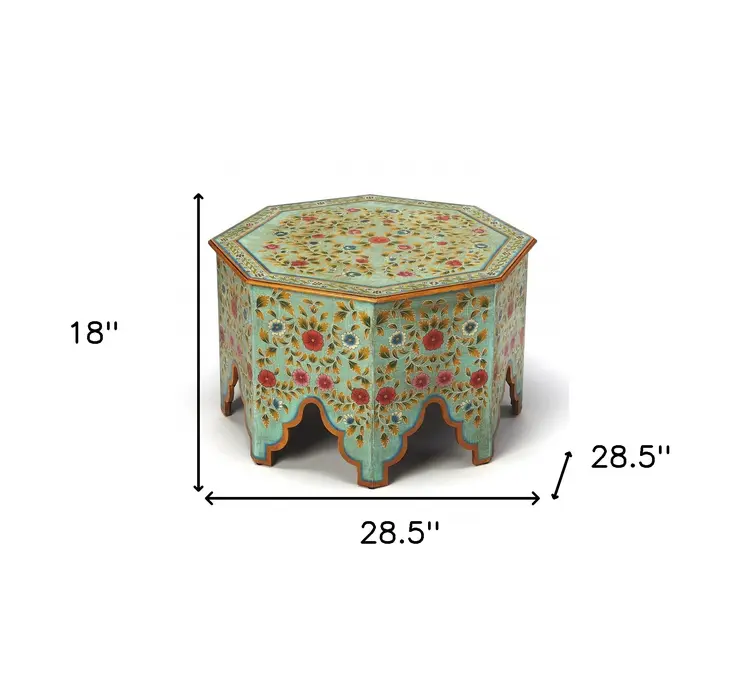 29" Green Wood Hexagon Abstract Coffee Table