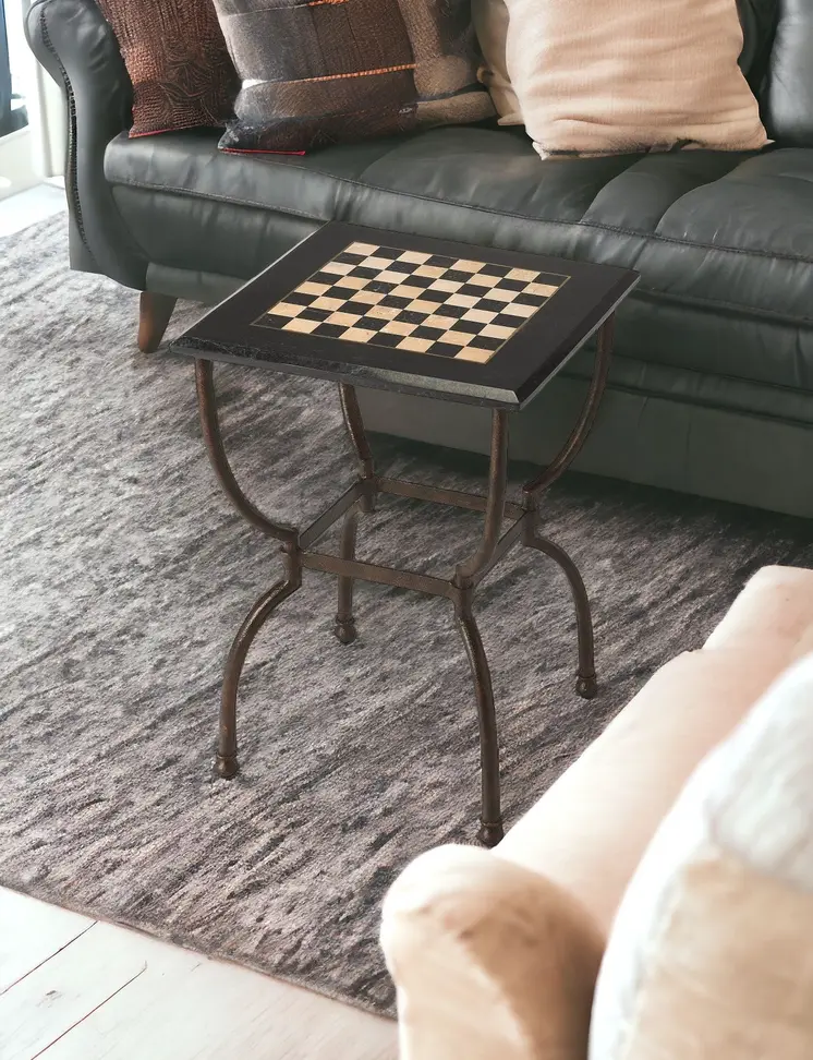 18" Black Stone and Metal Square Coffee Table