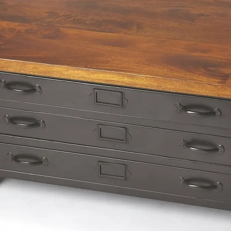 36" Brown and Gray Solid Wood and Metal Square Coffee Table With Three Drawers