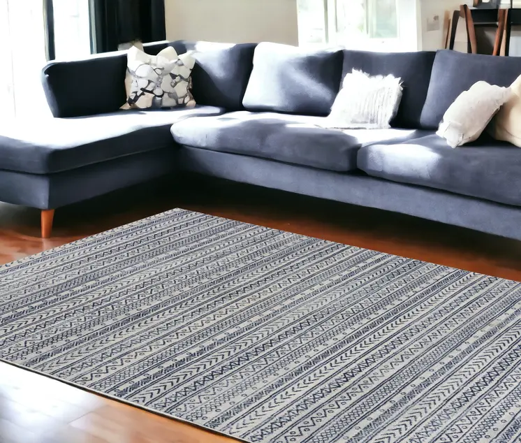 8' X 11' Navy Blue Decorative Stripes Area Rug