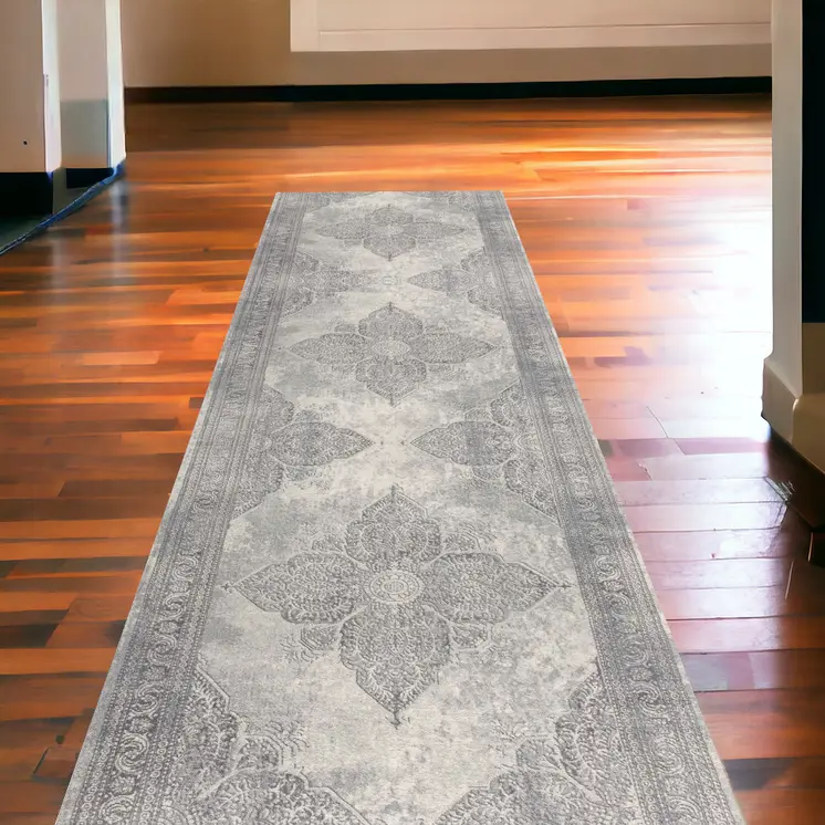 2' X 13' Gray Distressed Medallion Runner Rug