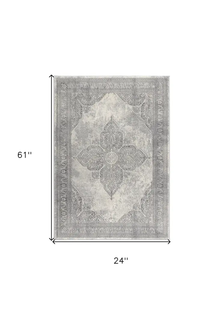 2' X 5' Gray Distressed Medallion Area Rug
