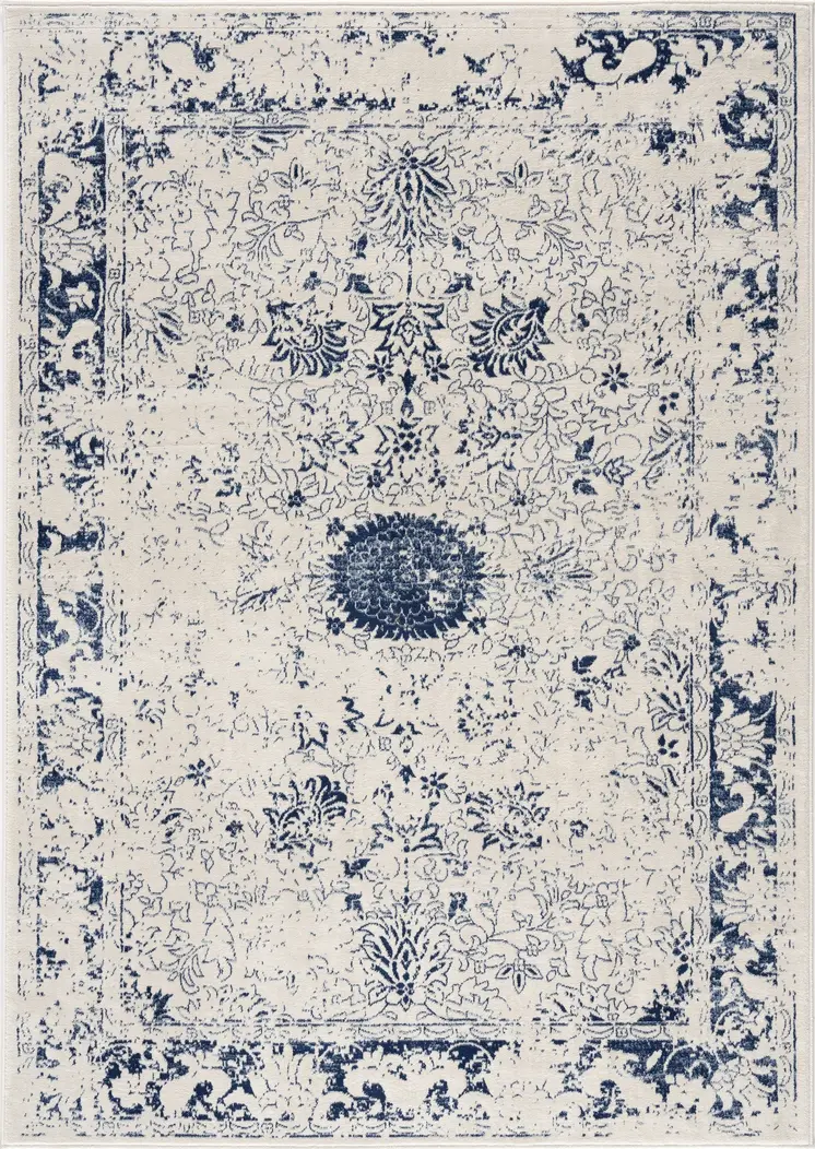4' X 6' Navy Blue Distressed Floral Area Rug