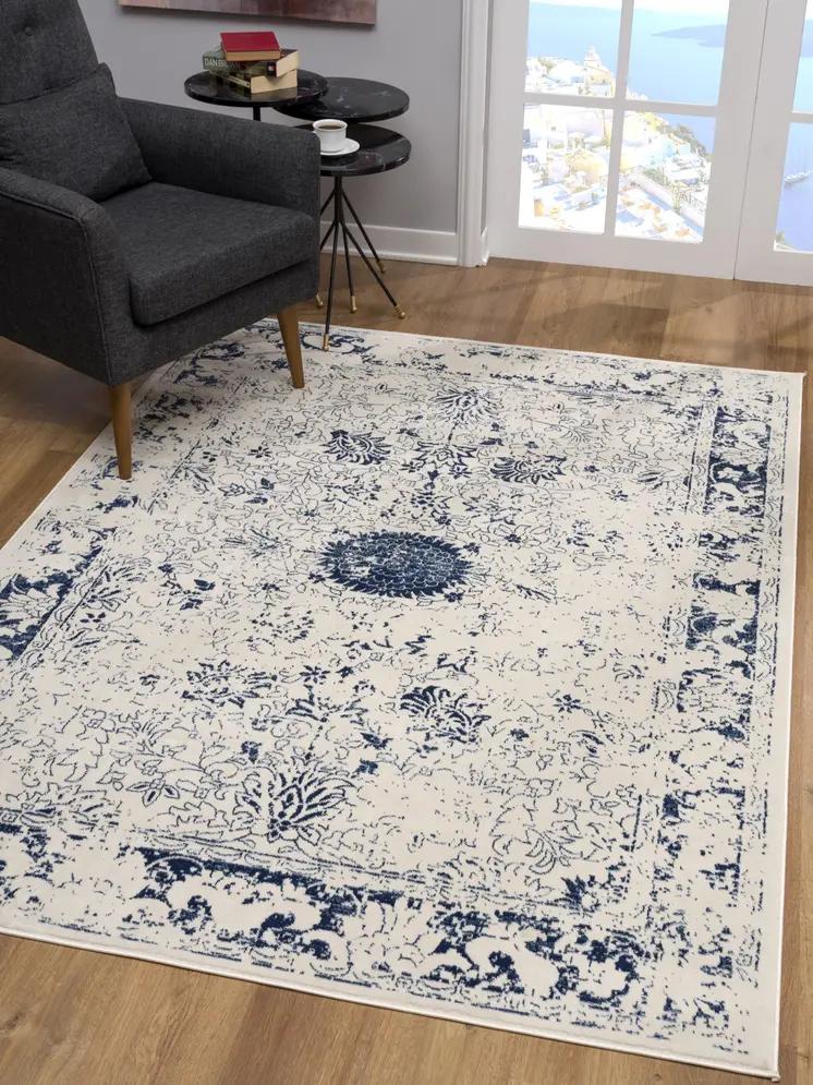 8' X 11' Navy Blue Distressed Floral Area Rug