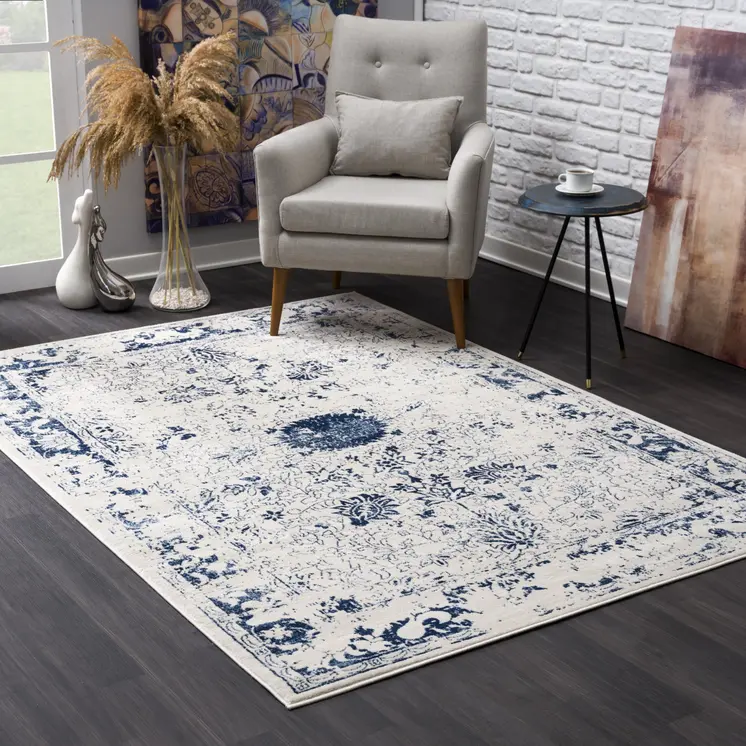 8' X 11' Navy Blue Distressed Floral Area Rug