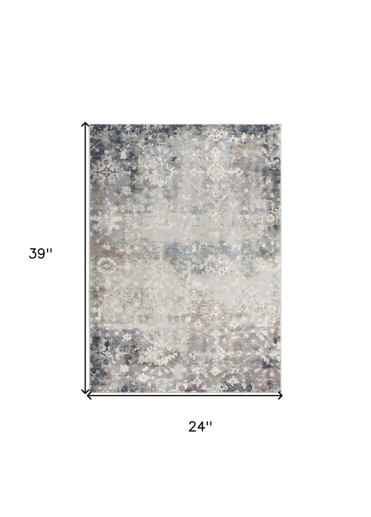 2' X 3' Navy And Beige Distressed Vines Scatter Rug