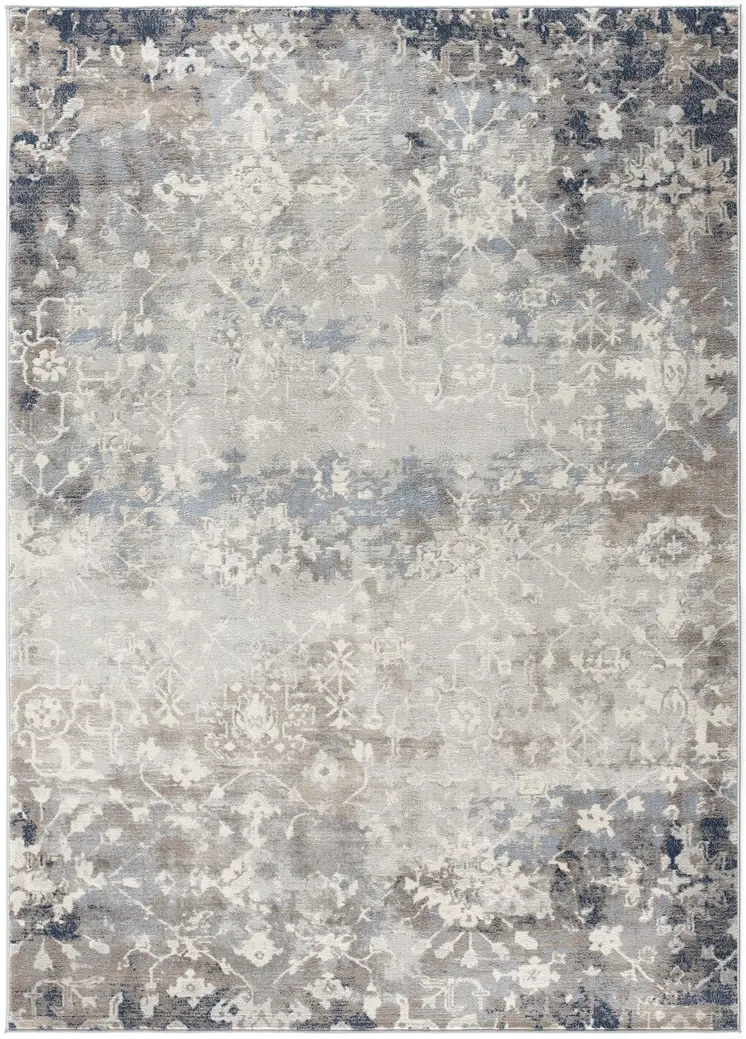 2' X 5' Navy And Beige Distressed Vines Area Rug