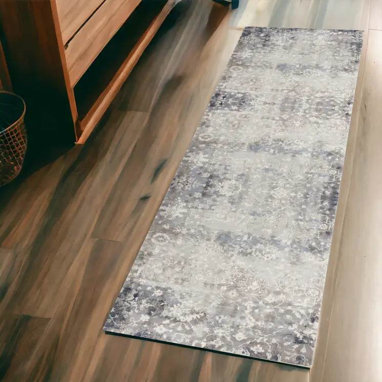 2' X 6' Navy And Beige Distressed Vines Area Rug
