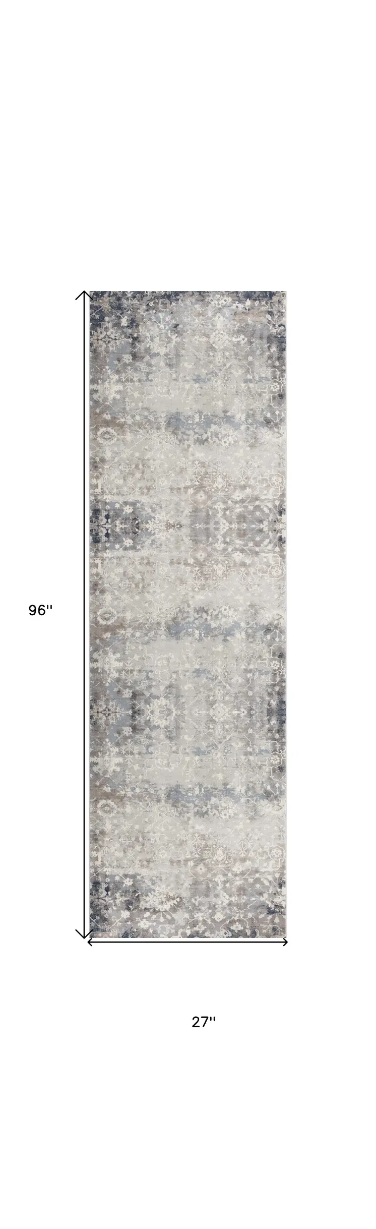 2' X 8' Navy And Beige Distressed Vines Runner Rug