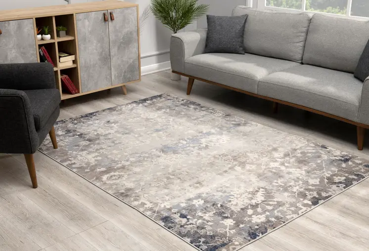 5' X 8' Navy And Beige Distressed Vines Area Rug