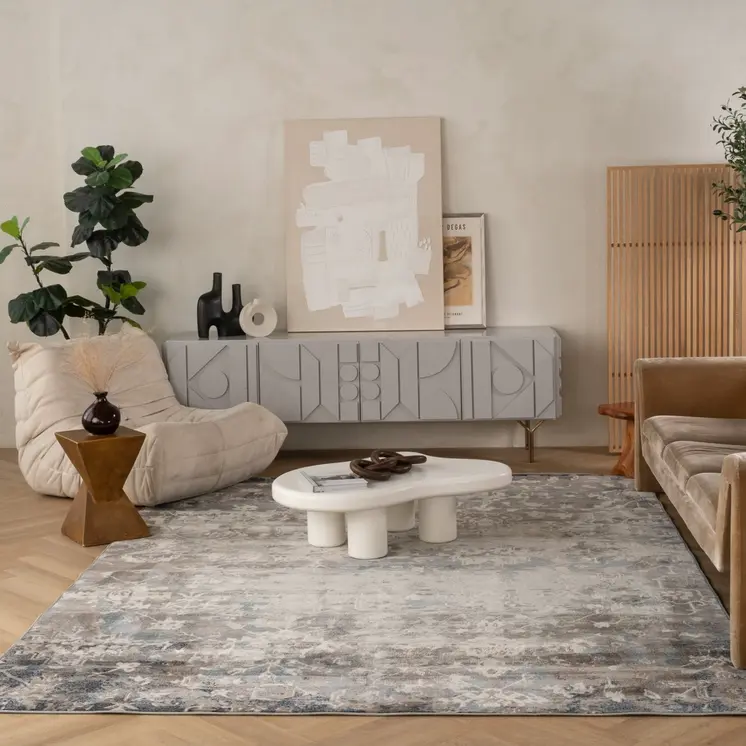 5' X 8' Navy And Beige Distressed Vines Area Rug