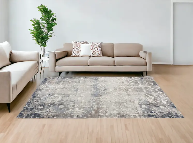 8' X 11' Navy And Beige Distressed Vines Area Rug