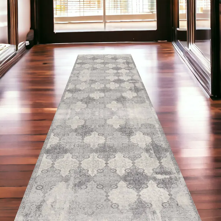 2' X 15' Gray Distressed Trellis Pattern Runner Rug