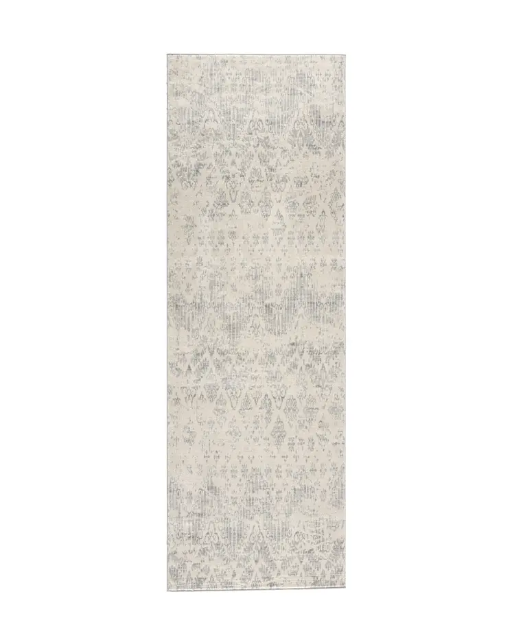2' X 5' Ivory and Gray Ikat Power Loom Distressed Area Rug