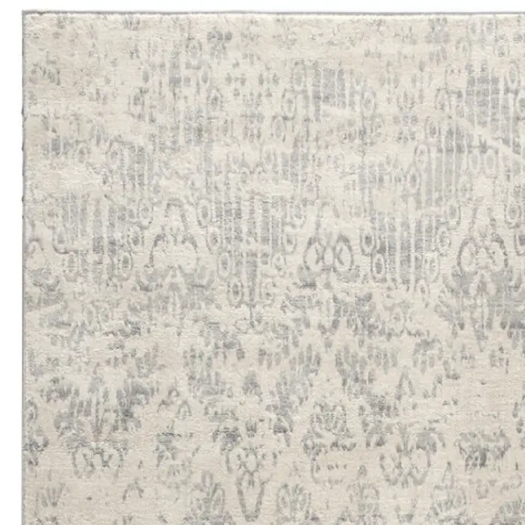 2' X 5' Ivory and Gray Ikat Power Loom Distressed Area Rug