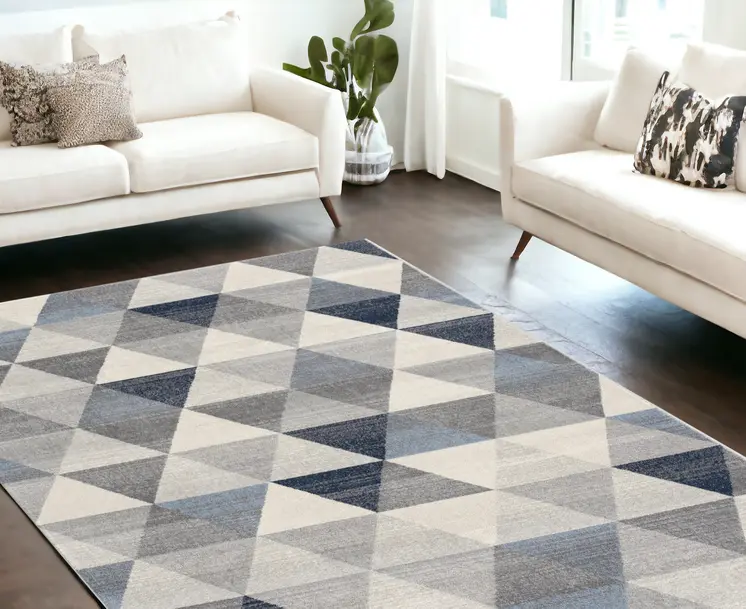 7' X 10' Navy Blue Geometric Diamond Area Rug