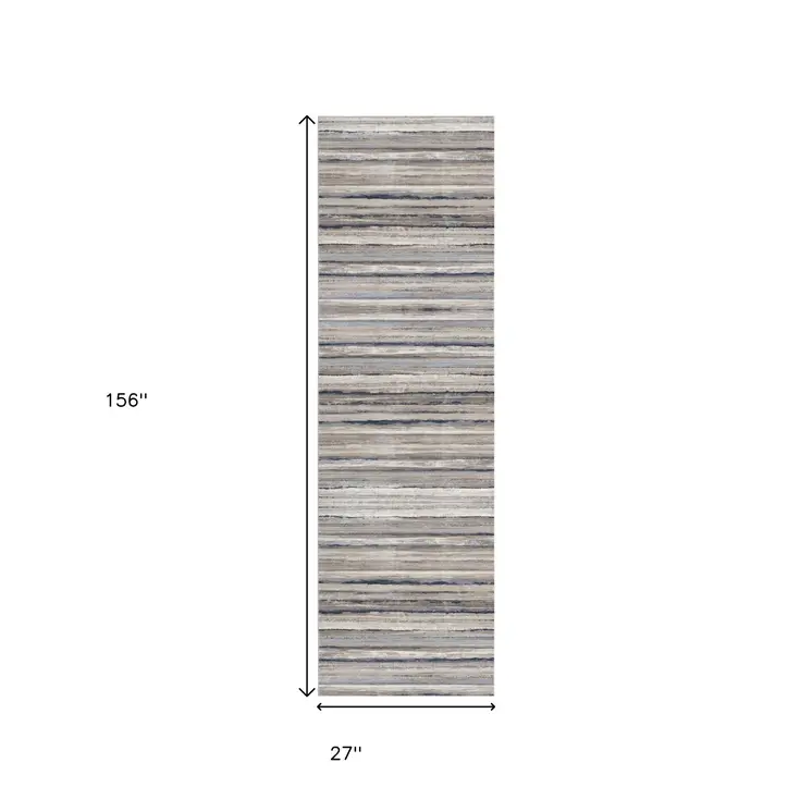 2' X 13' Blue And Beige Distressed Stripes Runner Rug