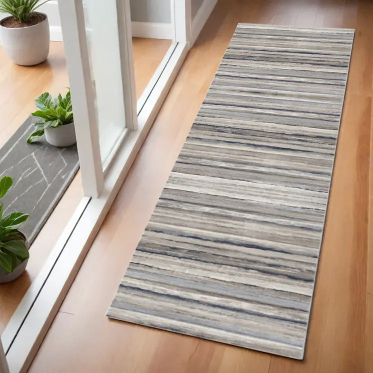 2' X 6' Blue And Beige Distressed Stripes Area Rug
