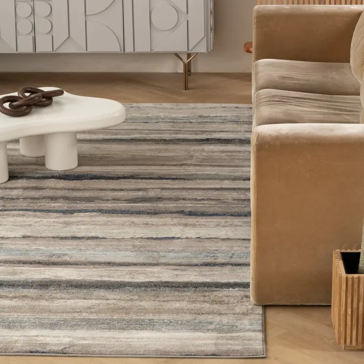 4' X 6' Blue And Beige Distressed Stripes Area Rug